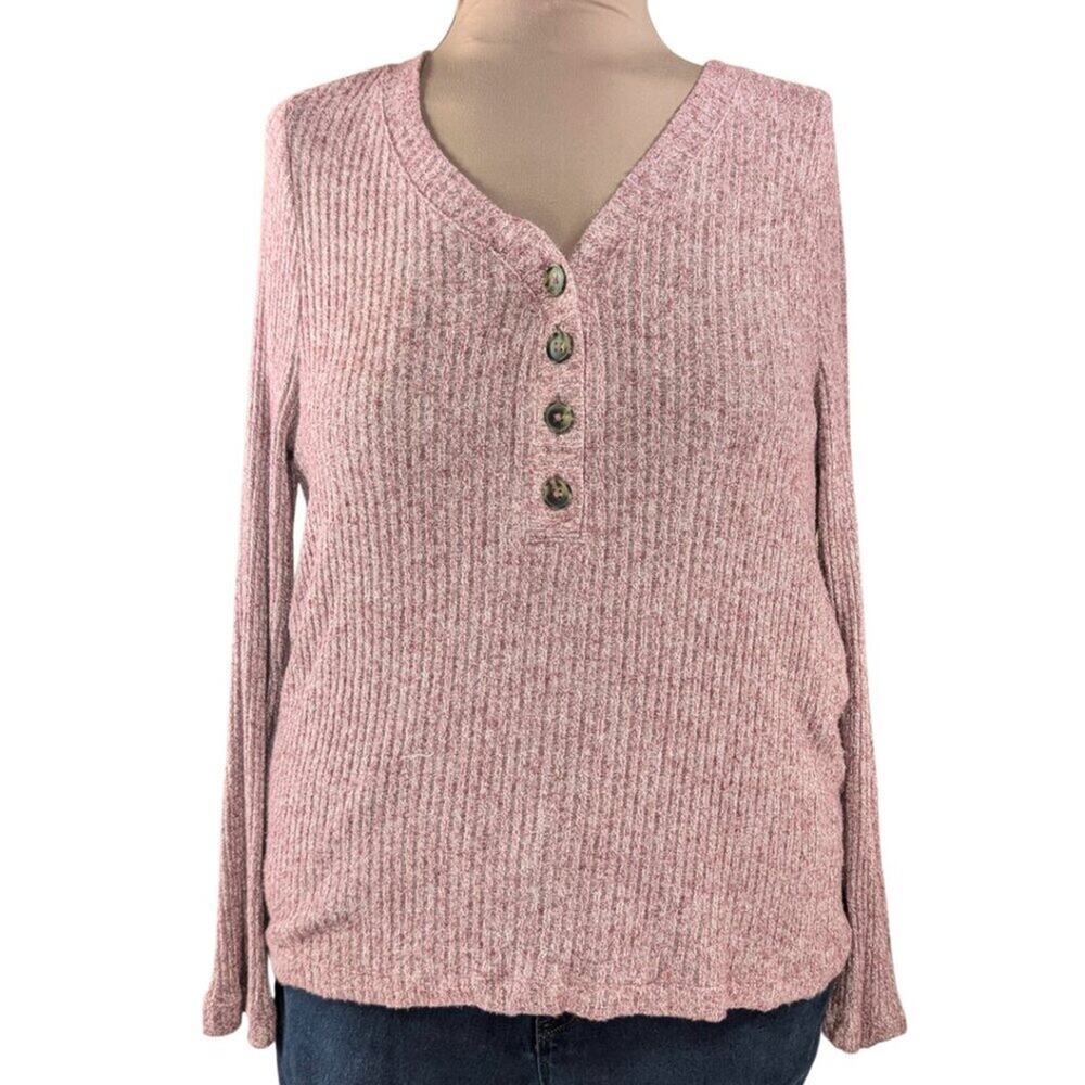 LOFT Large Red Heathered Soft V-Neck Long Sleeve Ribbed Henley Shirt